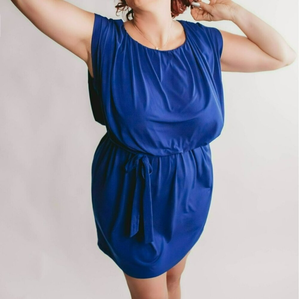 Enfocus Royal Blue Sleeveless Belted Knee-Length Dress 16W